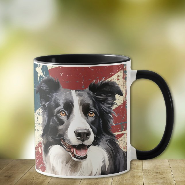 Caneca Grunge USA Flag Border Collie Dog (Criador carregado)