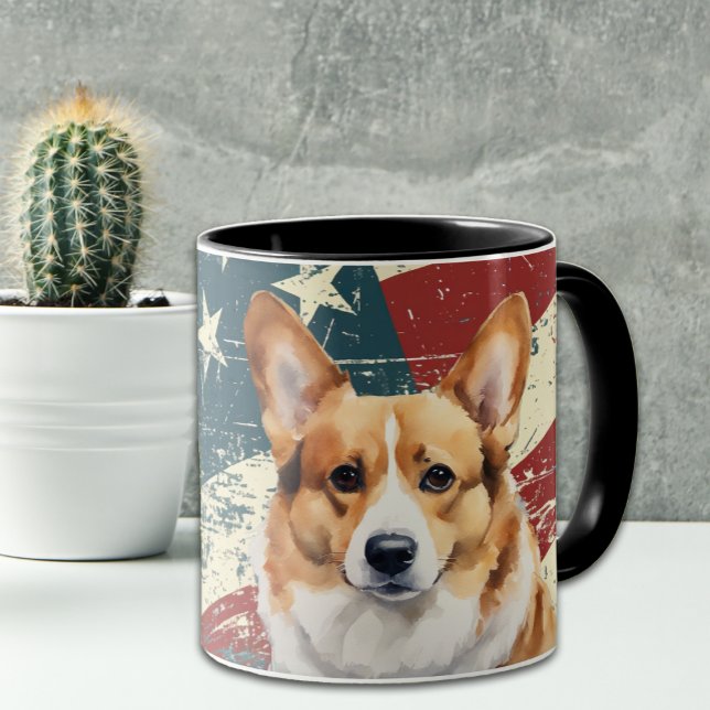 Caneca Grunge USA Flag Corgi Dog (Criador carregado)