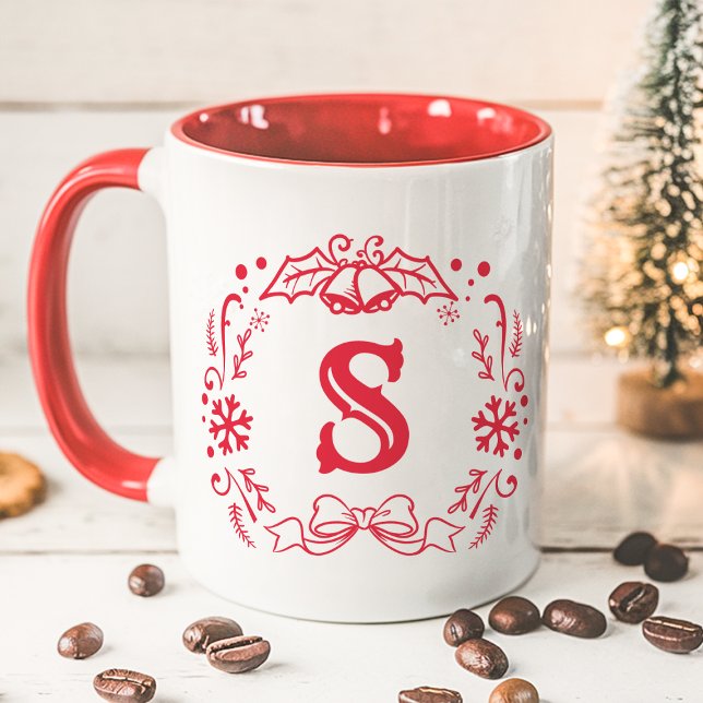 Caneca Guirlanda de Natal Monograma Inverno Vermelho Féri (Criador carregado)