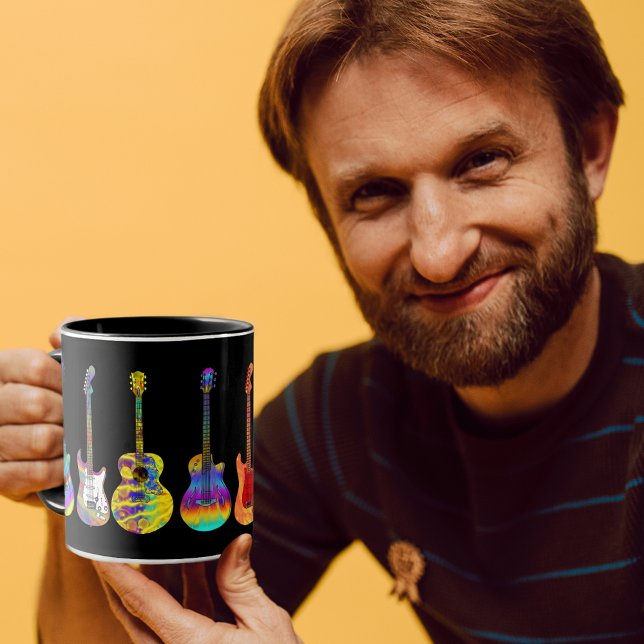 Caneca Guitarras Coloridas em Preto (Funky colorful psychedelic guitar pattern  black coffee mug for guitar players and musicians )