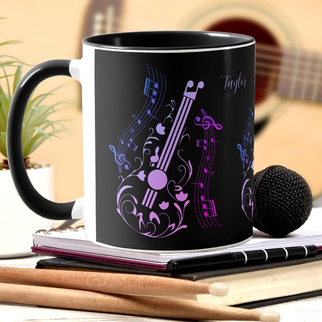 Caneca Guitarrista Jogador de Música Roxo Nome Negro (Guitarist Guitar Player Music Purple Black Name Mug)