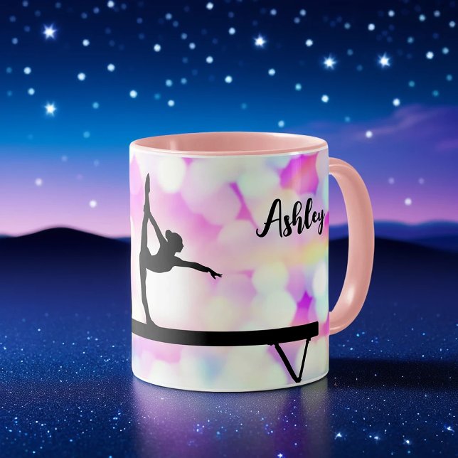 Caneca Gymnastics Beam Bokeh Mug com nome para ginasta (Criador carregado)