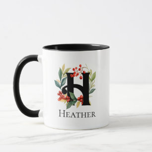 Caneca H Monograma inicial Berry Wreath de Natal
