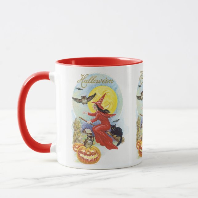 Caneca Halloween Antigo, Bruxa Voadora com um Gato Preto (Esquerda)