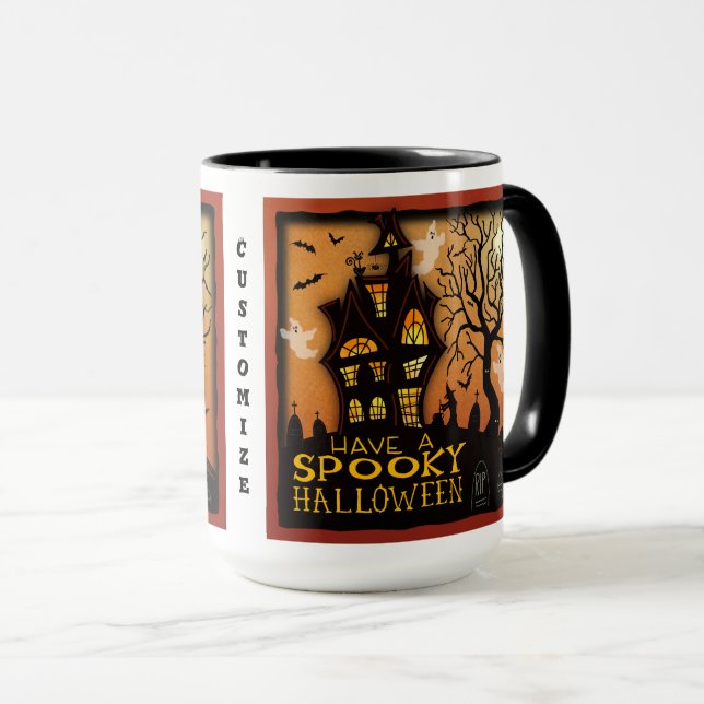 Caneca Halloween Fantasmas assombrados morcegos de casas (Frente Esquerda)