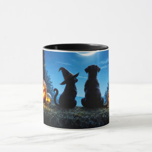 Caneca Halloween Gato Cachorro Corvos Fofos
