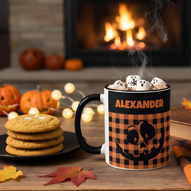 Caneca Halloween Jack-O-Lantern Orange & Black Plaid Name (Criador carregado)