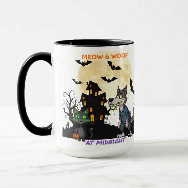 Caneca Halloween "Meow & Woof at Midnight" Cat & Werewolf (Esquerda)
