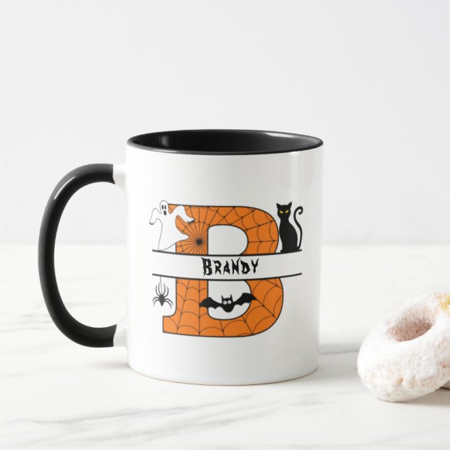 Caneca Halloween Monograma B Adicionar Seu Nome (Com Donut)