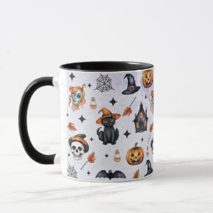 Caneca Halloween Watercolor Pumpkin Cat Skull