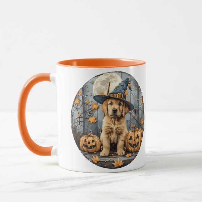 Caneca Halloween Witch Golden Retriever Puppy Pumpkins (Esquerda)