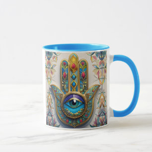 Caneca Hamsa do Terceiro Olho Azul-Verde com Filigrana Co