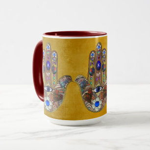 Caneca Hamsa Hearts Flowers Opal Art em Dourado