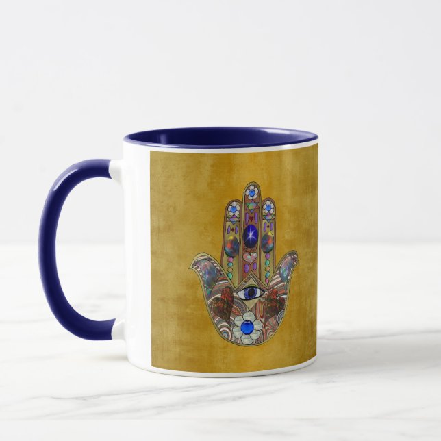 Caneca Hamsa Hearts Flowers Opal Art em Dourado (Esquerda)