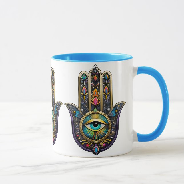 Caneca Hamsa Preto Colorido com Terceiro Olho Turquesa (Direita)