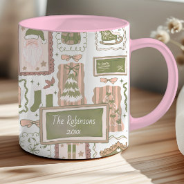 Caneca Hand Drawn doodle green peach christmas