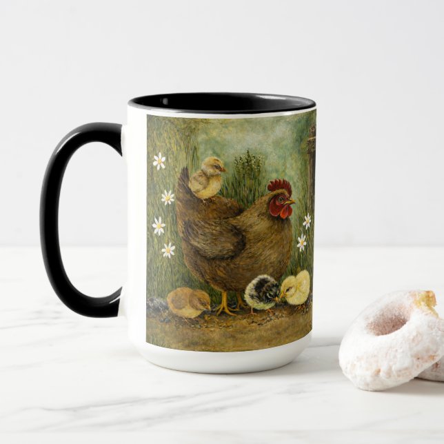 Caneca Hand-Painted Chicken & Chicks and Rooster Mug (Com Donut)