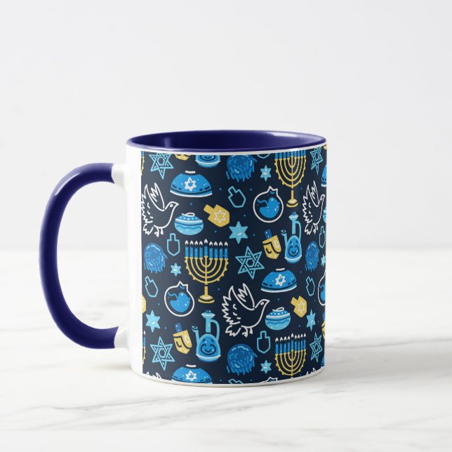Caneca Hanukkah - Símbolos Padrão Azul (Esquerda)