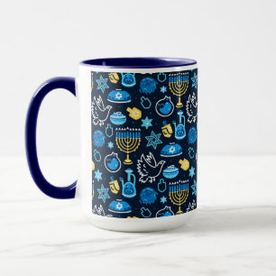 Caneca Hanukkah - Símbolos Padrão Azul