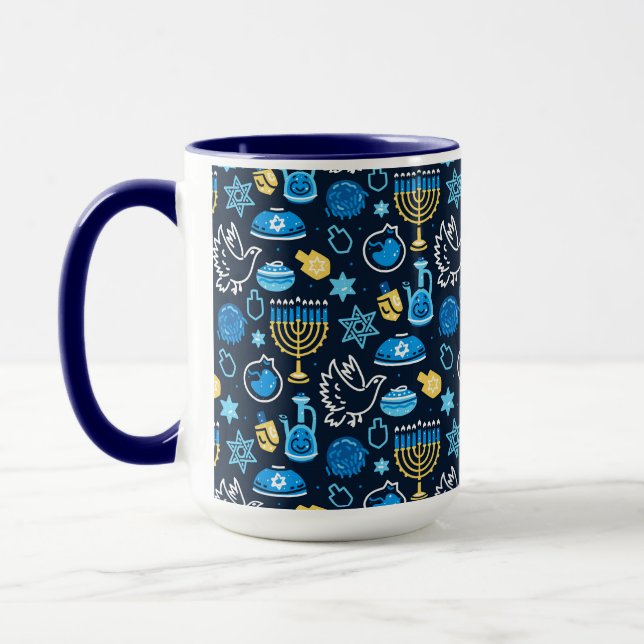 Caneca Hanukkah - Símbolos Padrão Azul (Esquerda)