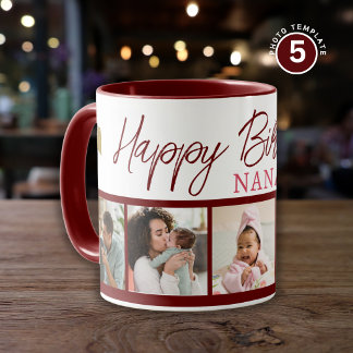 Caneca Happy Birthday Nana 5 Photo Collage Maroon