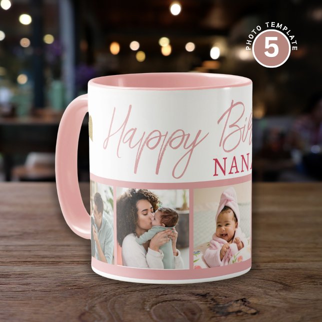 Caneca Happy Birthday Nana 5 Photo Collage Pink (Criador carregado)