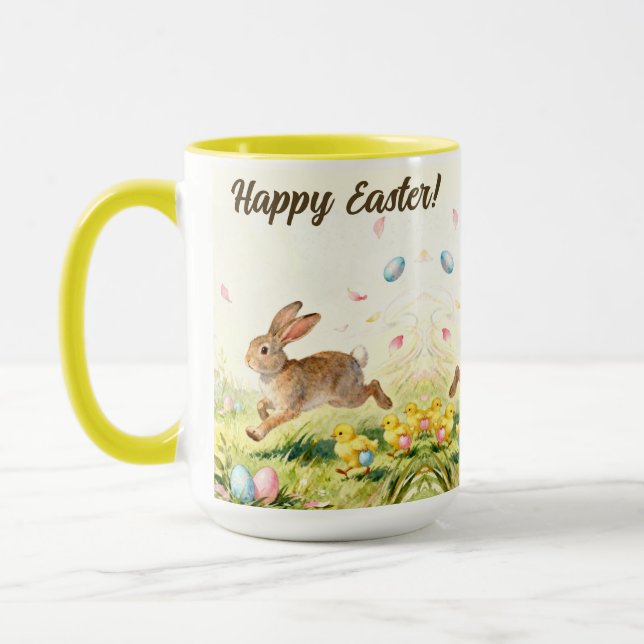 Caneca Happy Easter Vintage Bunny Spring Illustration  (Esquerda)