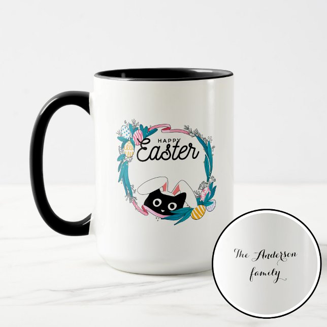 Caneca Happy Easter Wreath, Black Cat with bunny ears (Criador carregado)