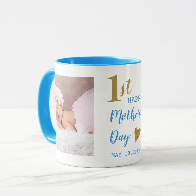 Caneca Happy First Mother's Day Blue And Gold  2 Photo  (Frente Esquerda)