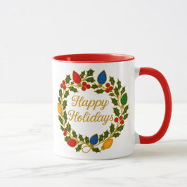 Caneca Happy Holidays Wreath Christmas Lights and Holly