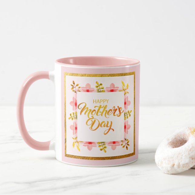 Caneca Happy Mother's Day Floral, Elegant Pink & Gold  (Com Donut)