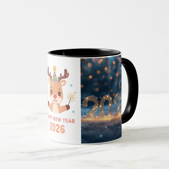 Caneca happy new year 2026  fox & reindeer coffee mug (Frente Esquerda)
