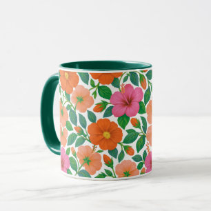 Caneca Hibisco Tropical em Rosa, Laranja e Bege