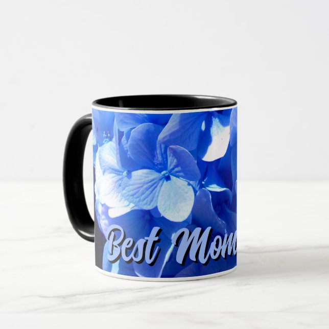 Caneca Hídrangas florais azuis elegantes Melhor Mãe Nunca (Frente Esquerda)