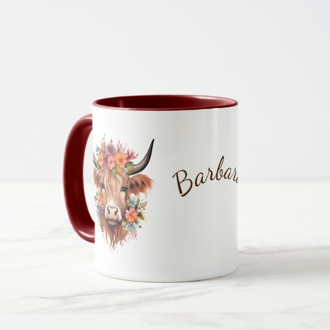 Caneca Highland Cow Boho | Nome com Design de Flores (Frente Esquerda)