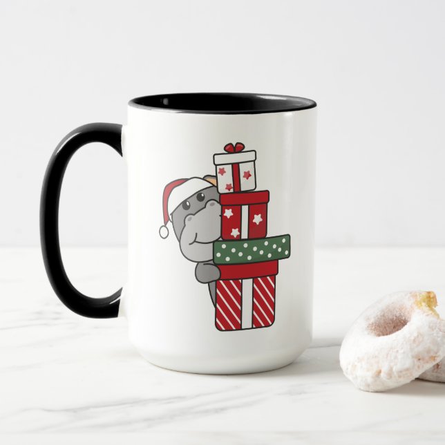 Caneca Hippo Natal Presente Animais de inverno Hippos (Com Donut)