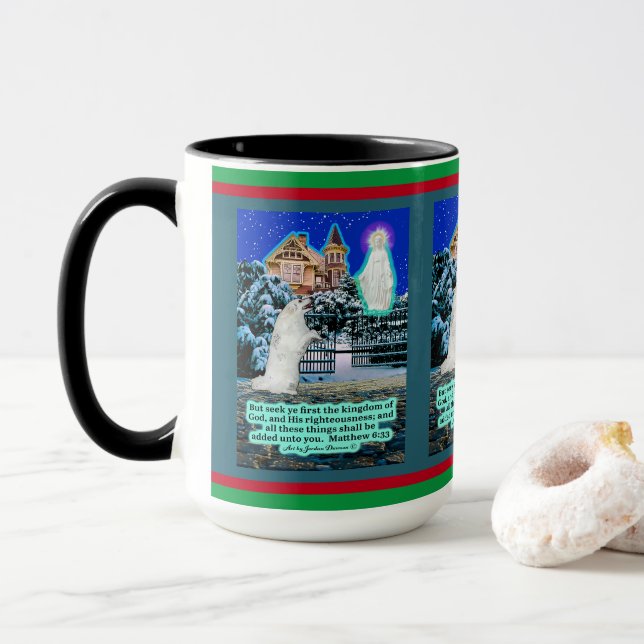 Caneca Holiday Eskie e Angel Scripture Matthew 6:33 (Com Donut)