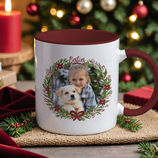 Caneca Holiday Photo Elegant Wreath Red Christmas Bow (Personalized holiday mug with your photos, hand-painted wreath, and festive red bow design.)
