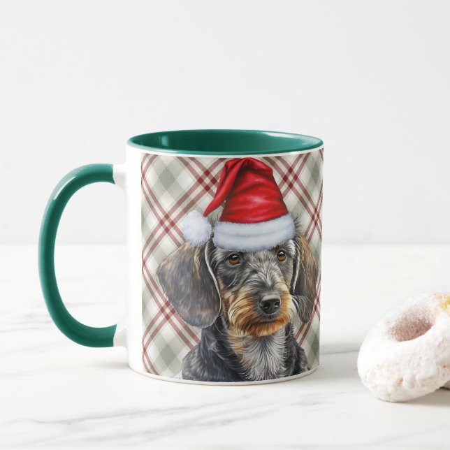 Caneca Holiday Plaid Wire Hair Dachshund Santa Dog (Com Donut)