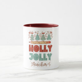 Caneca Holly Jolly Teacher Retro Natal