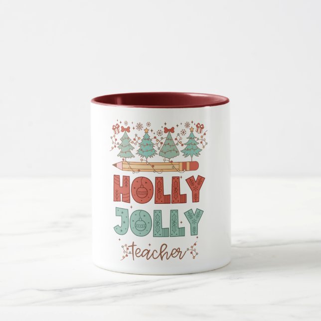 Caneca Holly Jolly Teacher Retro Natal (Centro)