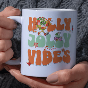 Caneca Holly Jolly Vibes Retro Orange Christmas Name
