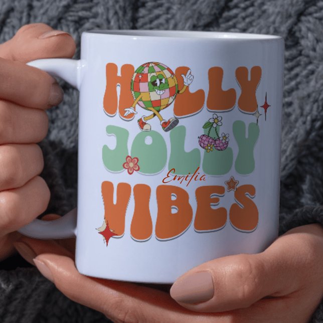 Caneca Holly Jolly Vibes Retro Orange Christmas Name (Criador carregado)
