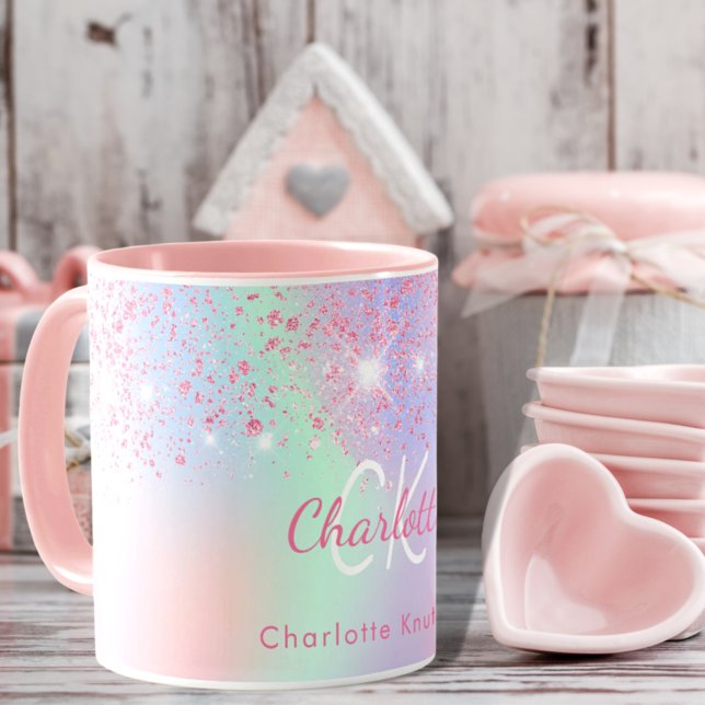 Caneca Holographic pink glitter purple green rainbow name (Criador carregado)