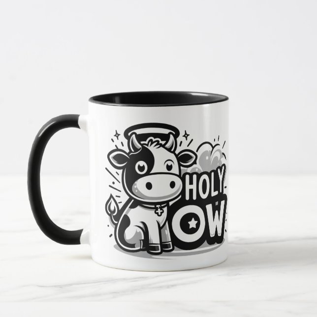 Caneca Holy Cow Cute Angel Cow Mug – Funny Black & White  (Esquerda)