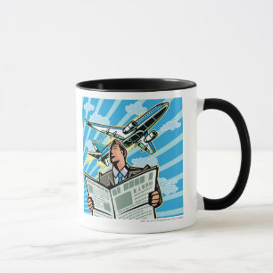 Caneca Homem de negócios com jornal e avião acima
