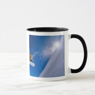 Caneca Homem voando pelo ar em uma snowboard com