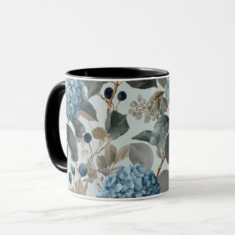 Caneca Hortênsia Azul Suave Padrão Floral Cinza