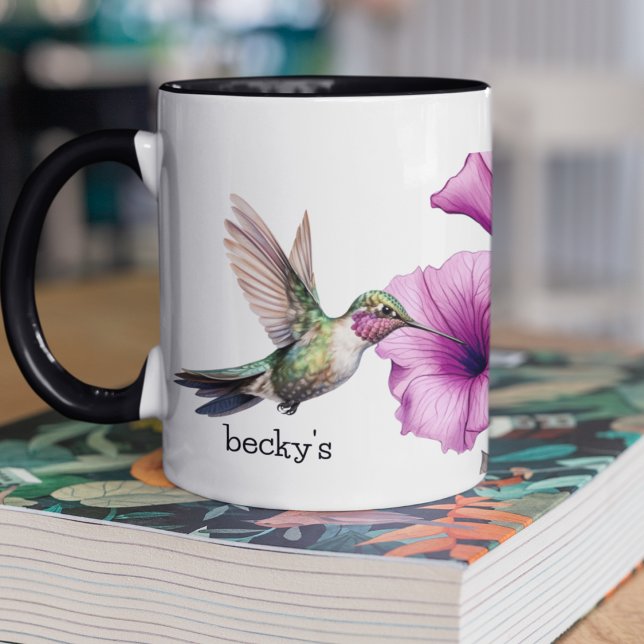 Caneca Hummingbird com Flor Roxo (Personalize this two tone coffee mug with hummingbird and purple and pink flowers as a gift. )