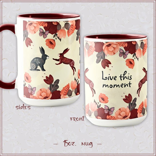Caneca Hygge Floral Scandinavian Folart Bunny Rabbit (Criador carregado)